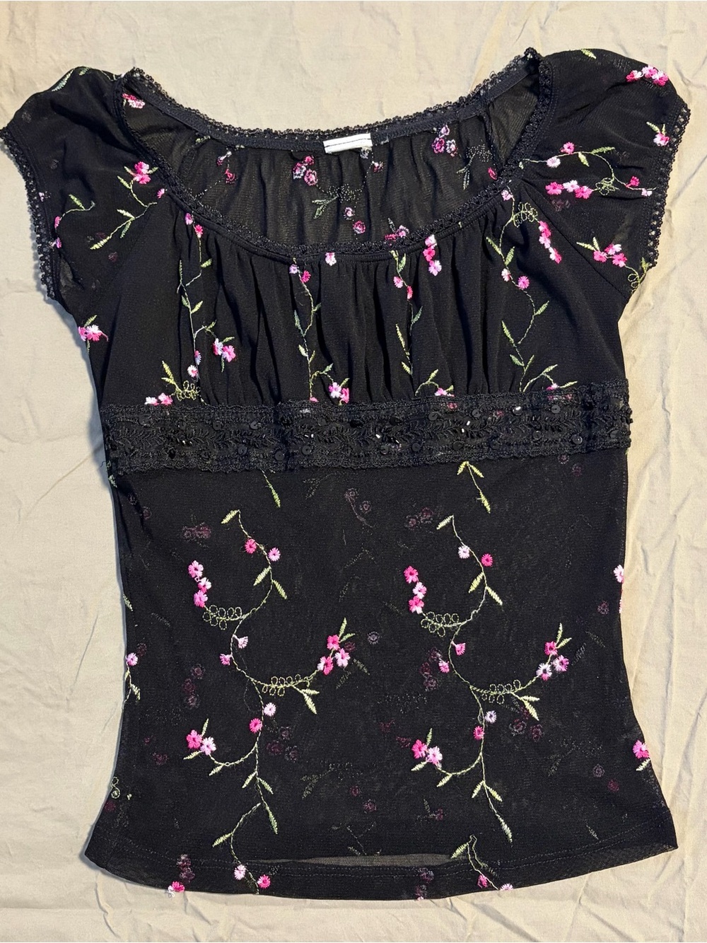 90s Black Floral Mesh Short Sleeve Top
